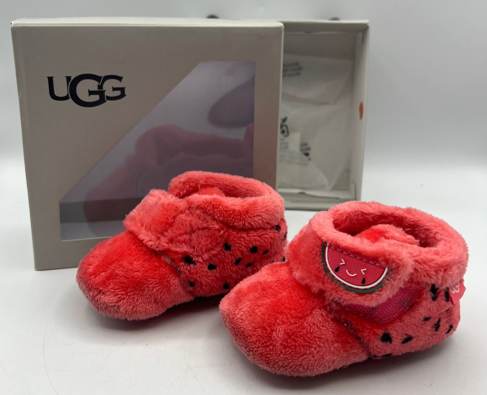 UGG Baby Bixbee Watermelon Plush Booties Infant Crib Shoes Pink Size 02/03 Box